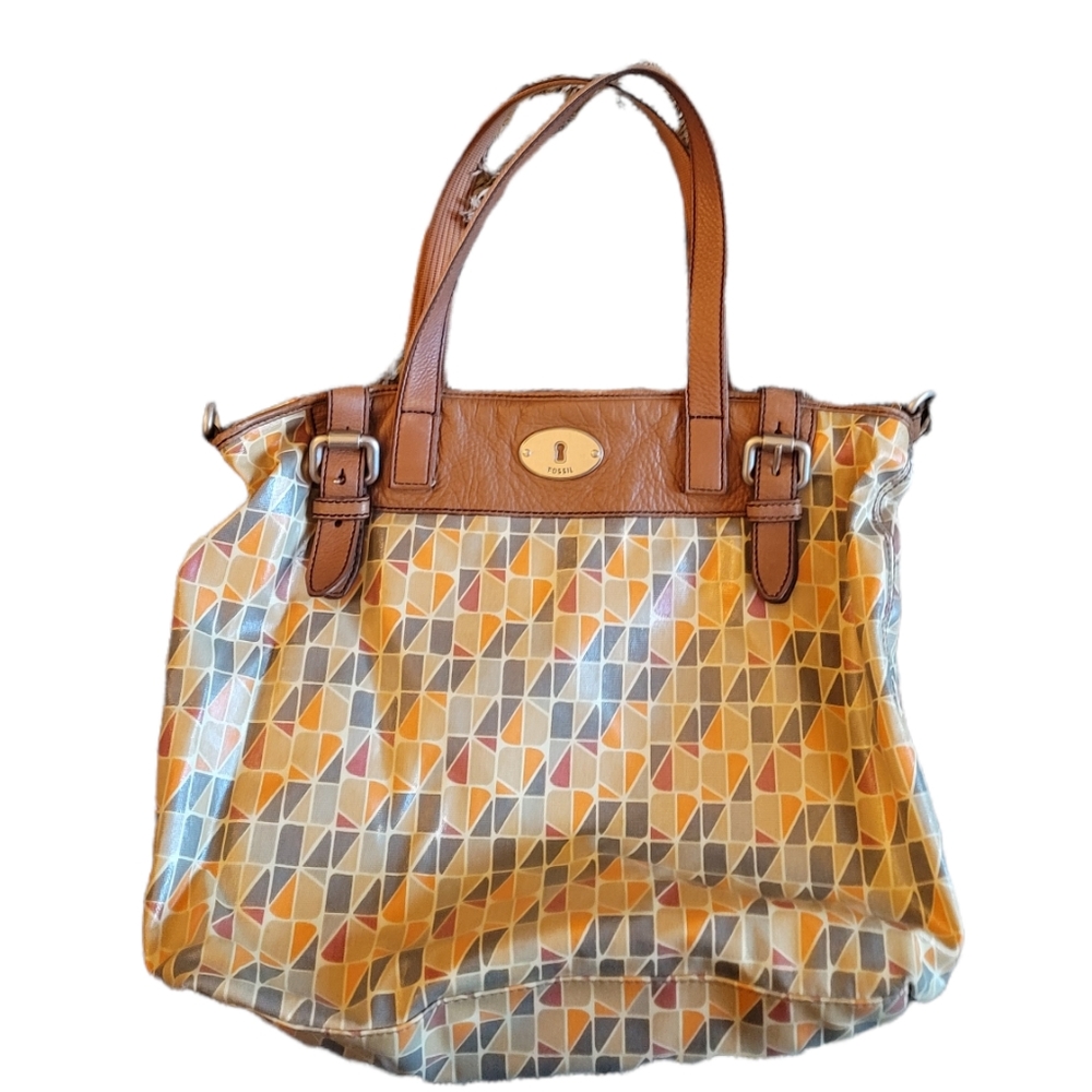 Fossil Tan BOHO Style Coated Canvas Tote Bag Purse